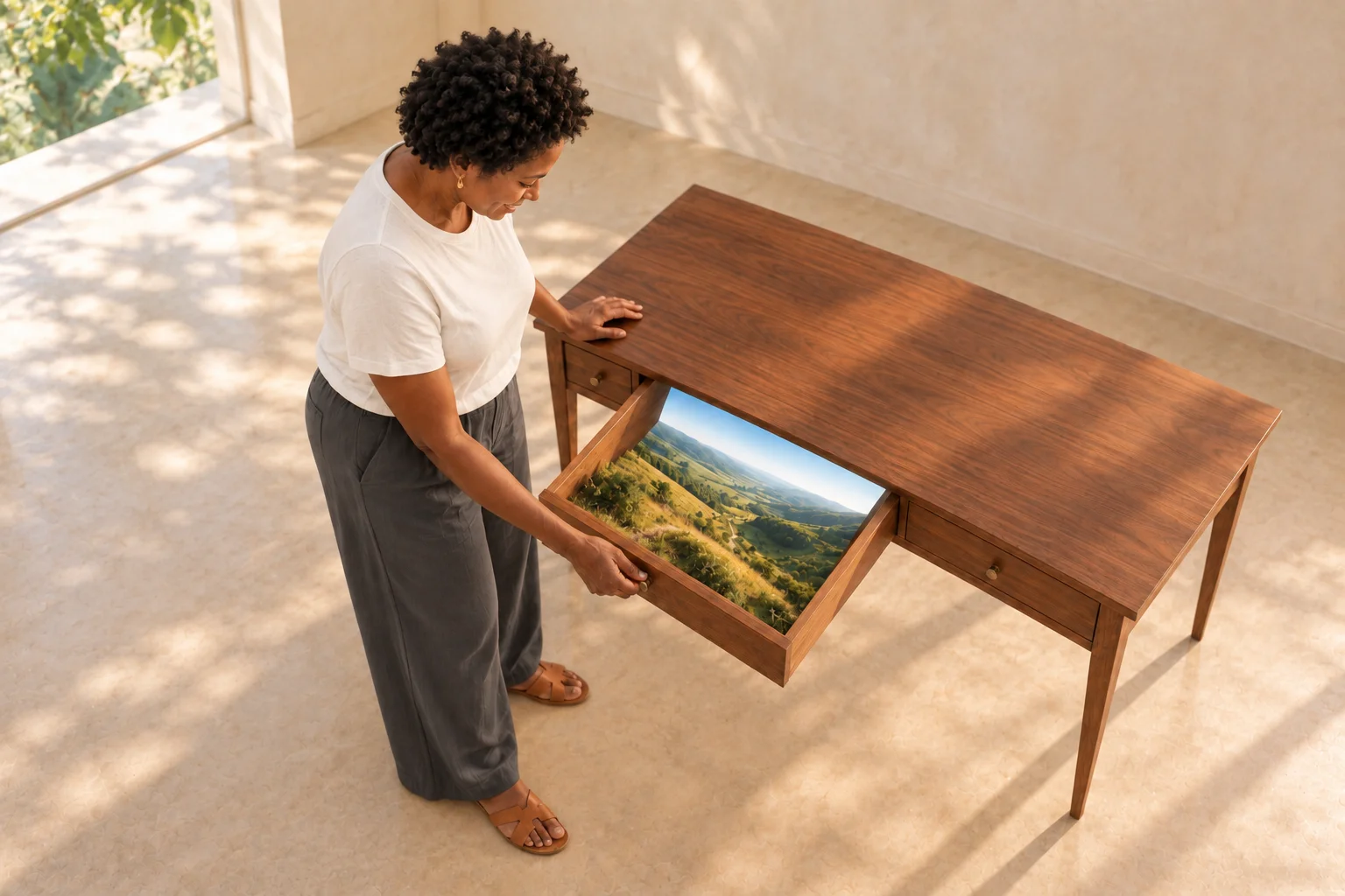 A woman opens a wooden drawer to reveal an unexpected miniature landscape.