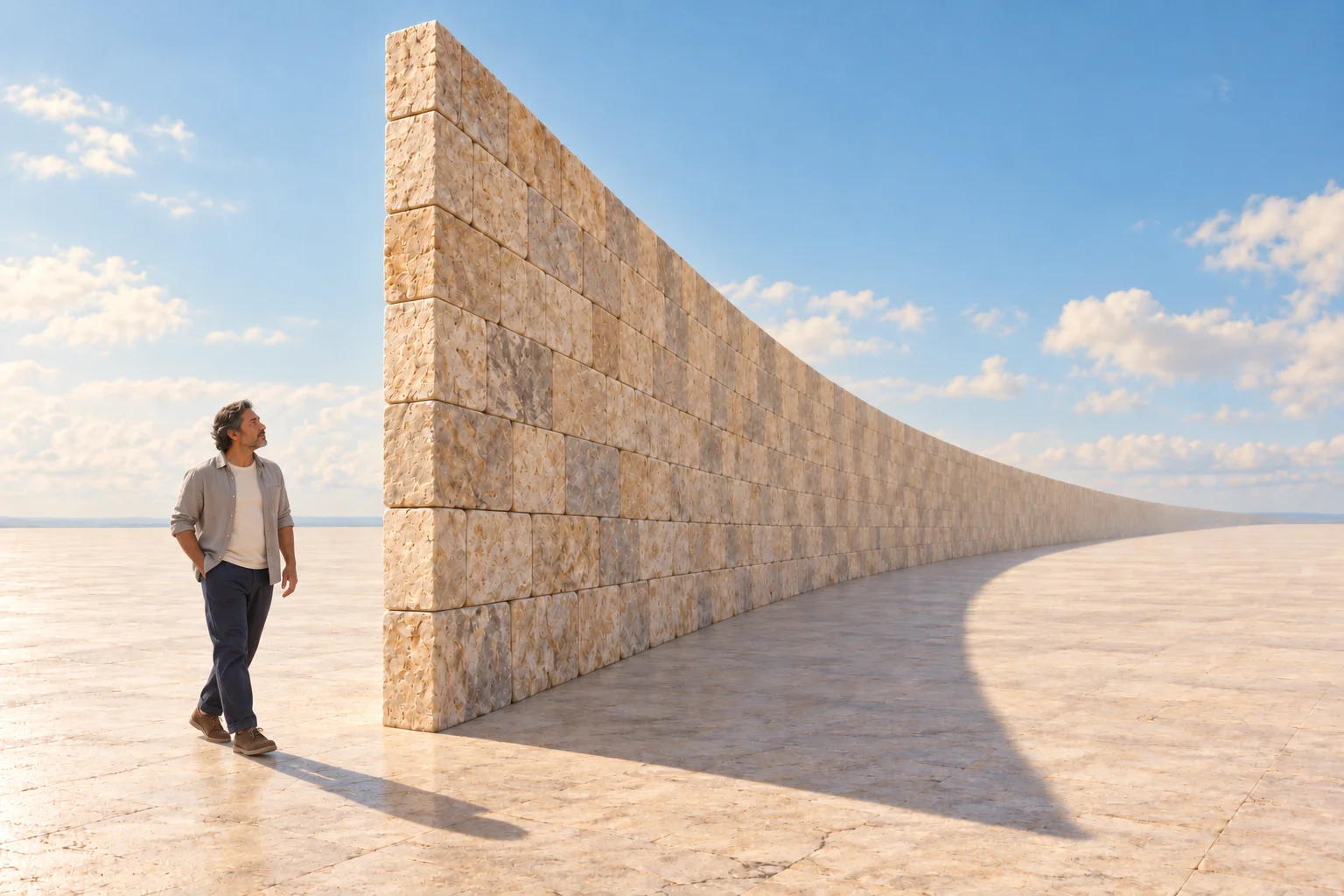 A man stands before a vast curved wall, looking towards another perspective.