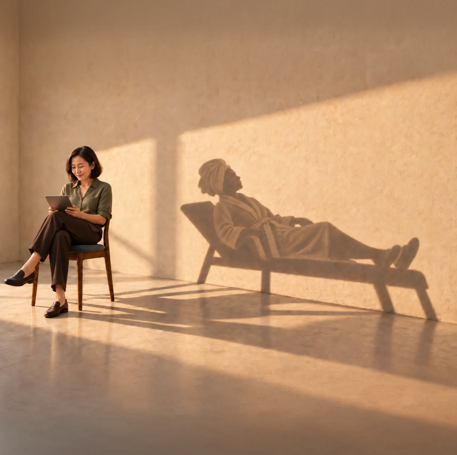 A woman seated beside the oversized shadow of a chair in a sunlit room.